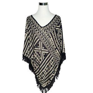 Lennie for Nina Leonard Pullover Black Tan Geometric Cape Poncho Size Large